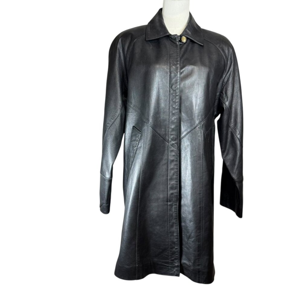 Vintage G-III Black Leather Car Coat Jacket Women's Small 90s Raglan Trench